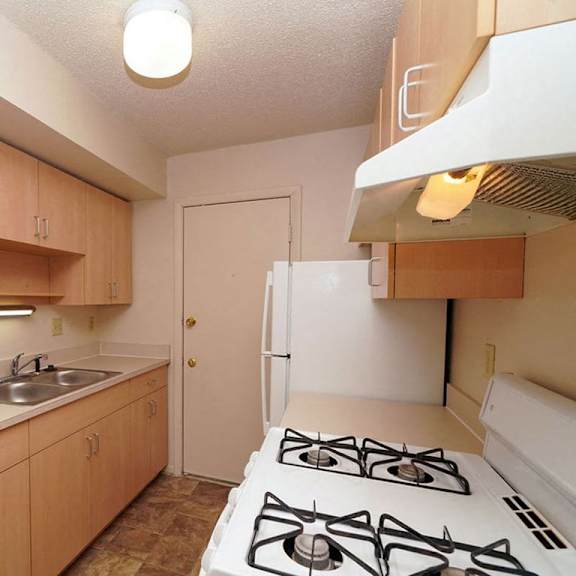 Thumbnail 5 of 9 a kitchen with a stove and sink and a refrigerator at Madeira Apartments, Kalamazoo, 49001