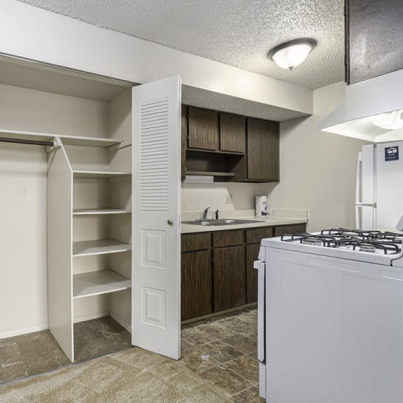 Thumbnail 4 of 8 a kitchen with a closet and a stove and a sink at Madeira Apartments, Kalamazoo, 49001