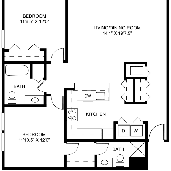 Thumbnail 2 of 11 Maple two bedroom 2D floor plan at Meadowbrooke Apartment Homes in Grand Rapids, MI 49512