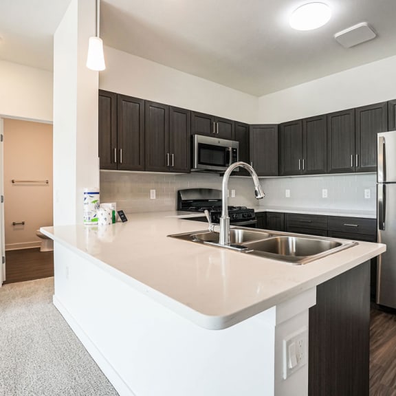 Thumbnail 4 of 12 a kitchen with a sink and a stainless steel refrigerator at Meadowbrooke Apartment Homes, Grand Rapids, Michigan