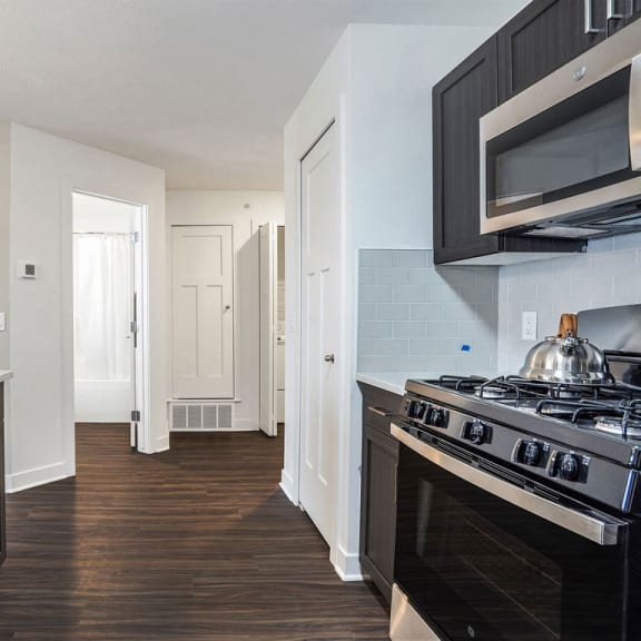 Thumbnail 4 of 9 a kitchen with a sink and a stove and a microwave at Meadowbrooke Apartment Homes, Grand Rapids, Michigan