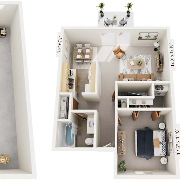 Thumbnail 1 of 9 One-Bedroom Townhome 3D Floor Plan at Mount Royal Townhomes, Michigan