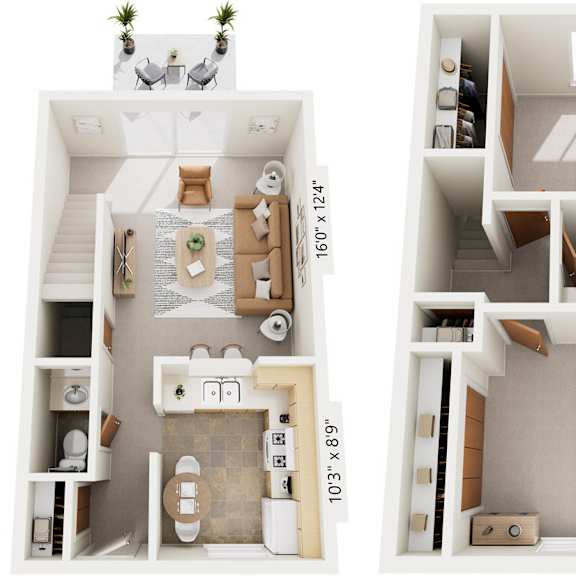 Thumbnail 1 of 10 Two-Bedroom Townhome 3D Floor Plan at Mount Royal Townhomes, Michigan