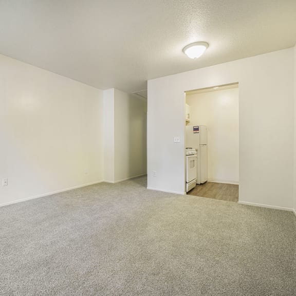 Thumbnail 4 of 11 a spacious living room with carpeting and a kitchen in the distance at Newport Village Apartments, Portage, MI
