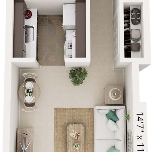 Thumbnail 1 of 11 One Bedroom One Bath 3D Floor Plan at Newport Village Apartments, Portage, MI, 49002
