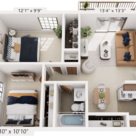 Thumbnail 1 of 19 Two Bedroom One Bath 3D Floorplan at Normandy Village Apartments, Michigan City