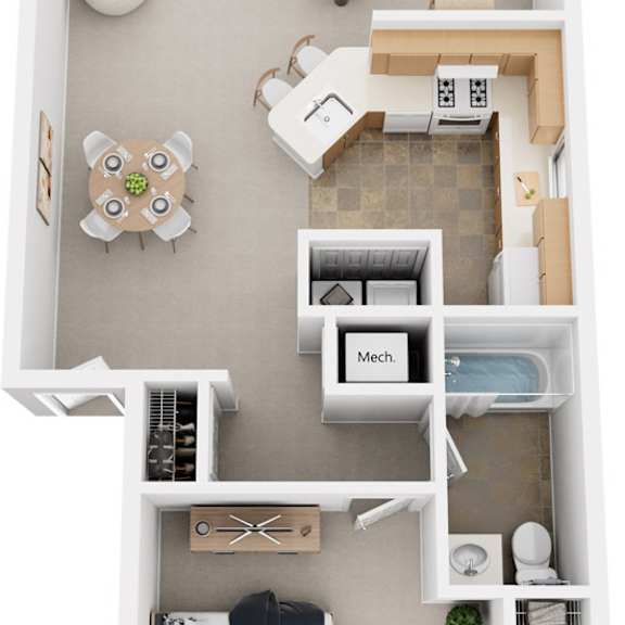 Thumbnail 1 of 5 One Bedroom End 3D Floor plan at North Pointe Apartments, Indiana, 46514