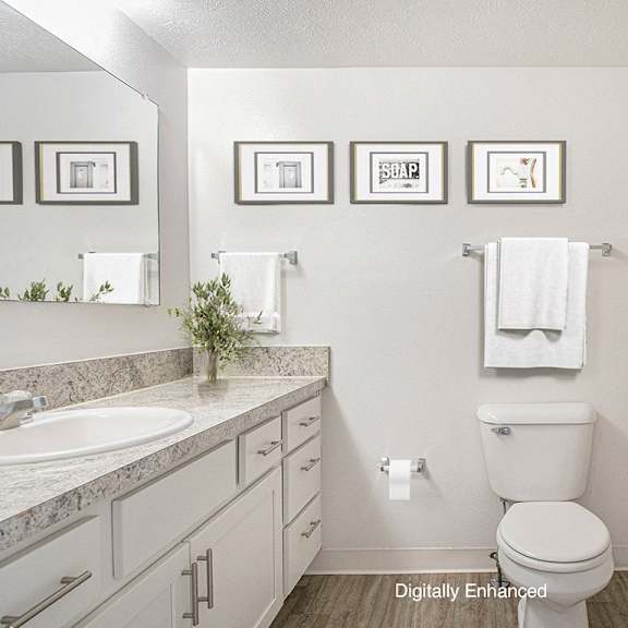 Thumbnail 12 of 17 full bathroom with white cabinetry and hard surface flooring at North Pointe Apartments, Indiana, 46514