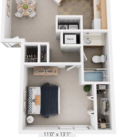 Thumbnail 1 of 7 Two Bedroom, One Bath 3D Floor plan at North Pointe Apartments, Elkhart, IN