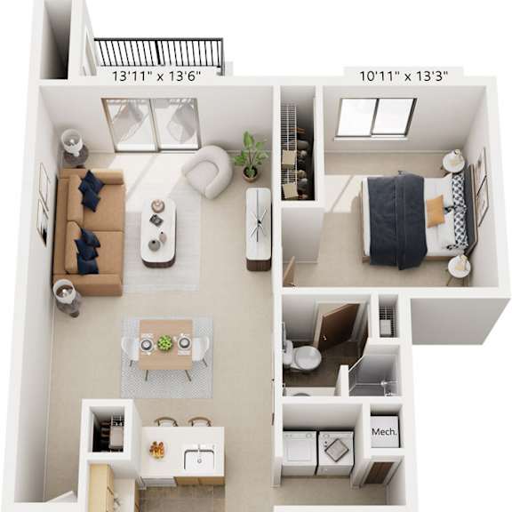 Thumbnail 1 of 17 Two Bedroom, Two Bath 3D Floor plan at North Pointe Apartments, Elkhart, 46514