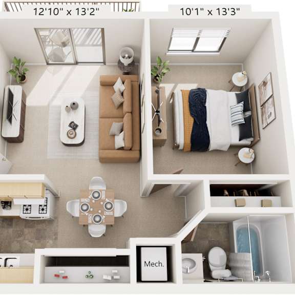Thumbnail 1 of 13 One Bedroom 3D Floor Plan at Old Farm Apartments, Elkhart, IN