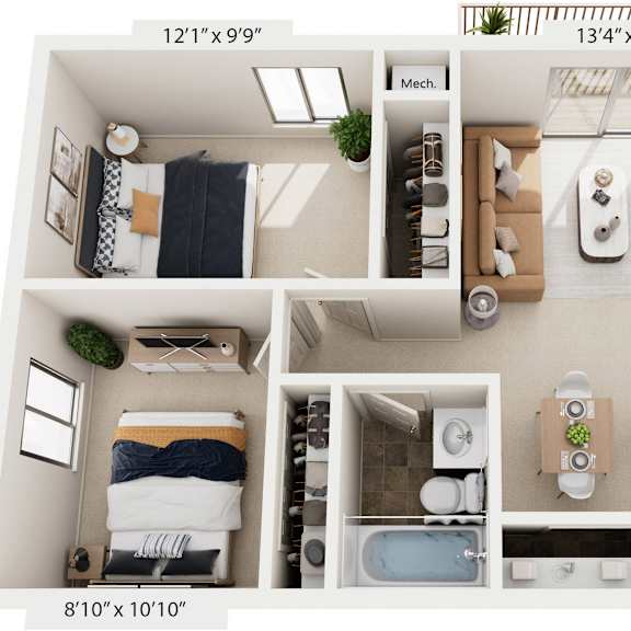 Thumbnail 1 of 13 Two Bedroom 3D Floor Plan at Old Farm Apartments, Elkhart, 46517