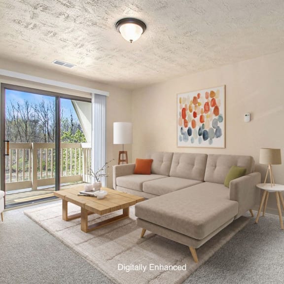 Thumbnail 3 of 13 living room with a slider to a balcony at Old Farm Apartments, Elkhart, IN, 46517