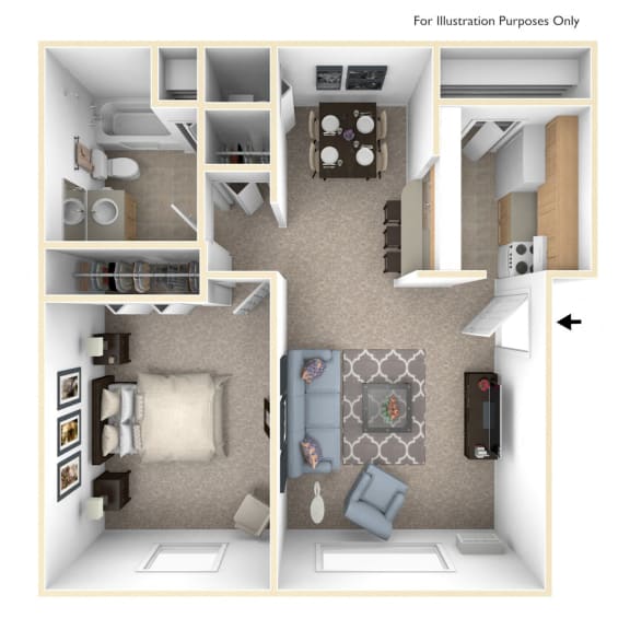 Thumbnail 1 of 9 One Bedroom Cape Cod Floor Plan at Trappers Cove Apartments, Lansing, MI