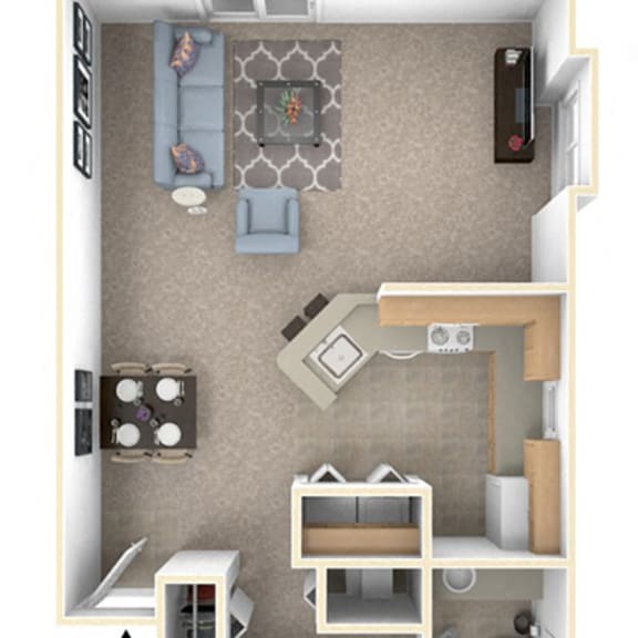 Thumbnail 1 of 9 One Bedroom One Bath End Floorplan at Foxwood and The Hermitage, Portage, 49024