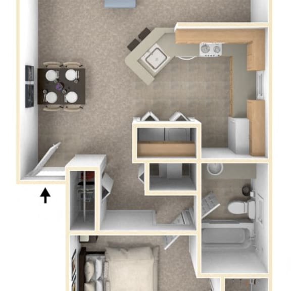 Thumbnail 1 of 8 One Bedroom One Bath End Floorplan | 815-830 Sq. Ft. at Dupont Lakes Apartments, Indiana, 46825