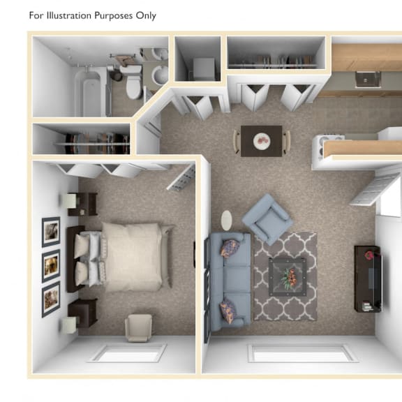 Thumbnail 1 of 10 One Bedroom One Bath Floor Plan at Concord Place Apartments, Kalamazoo, 49009