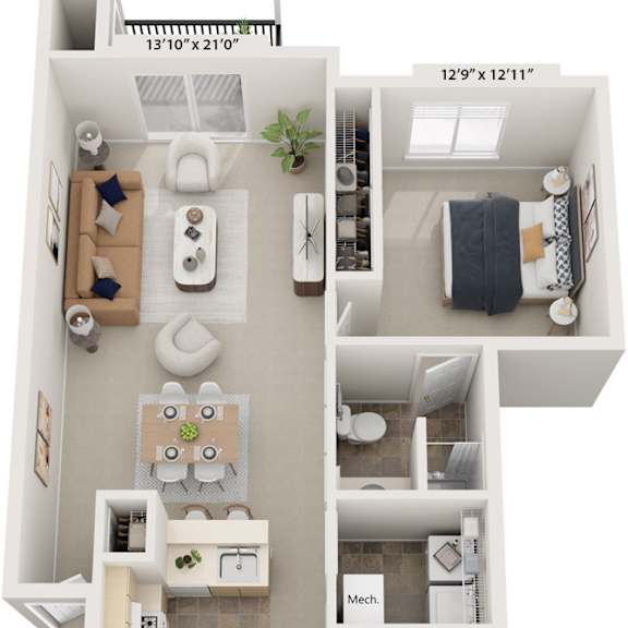 Thumbnail 1 of 12 Two bedroom two bathroom 3D floor plan at Orchard Lakes Apartments, Toledo, Ohio