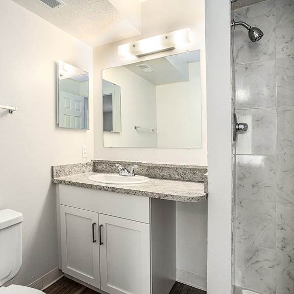 Thumbnail 16 of 17 A bathroom with a shower, sink with vanity and a toilet at Pine Knoll Apartments, Battle Creek, 49014