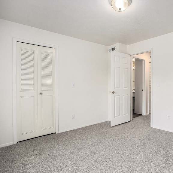 Thumbnail 12 of 17 A bedroom with a walk-in closet and a carpeted floor at Pine Knoll Apartments, Battle Creek, 49014