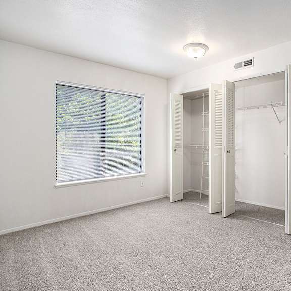Thumbnail 14 of 17 A bedroom with a window, large closet and a carpeted floor at Pine Knoll Apartments, Battle Creek, 49014