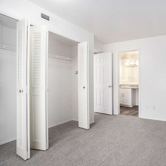 Thumbnail 15 of 17 A bedroom with a large closet, grey carpet and an ensuite bathroom at Pine Knoll Apartments, Battle Creek, 49014