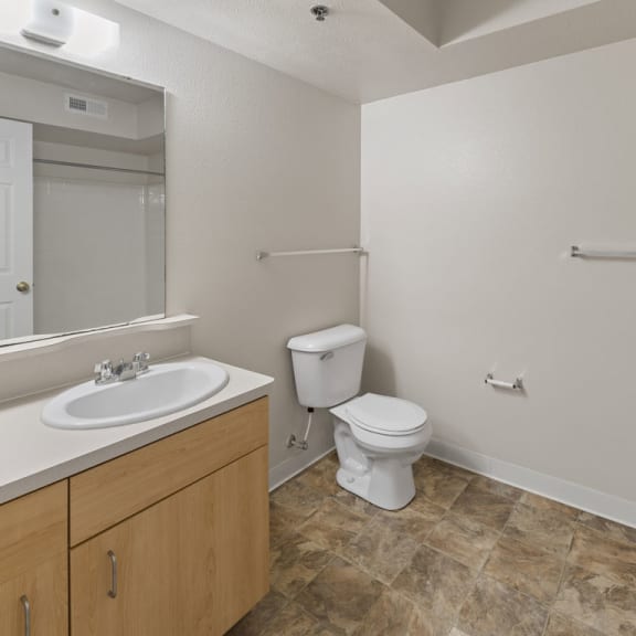 Thumbnail 10 of 13 a bathroom with a sink toilet and a mirror  at Hunters Pond Apartment Homes, Illinois, 61820