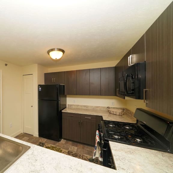 Thumbnail 5 of 8 a kitchen with a black refrigerator and a sink at The Reserve at Destination Pointe, Grimes, IA