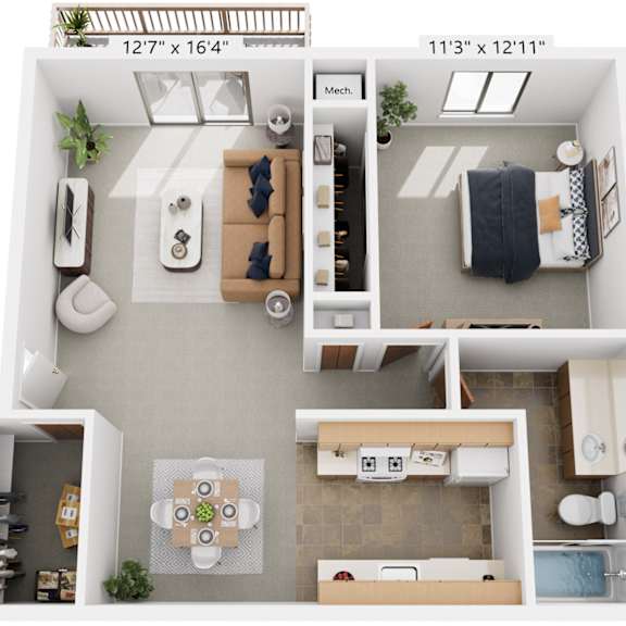 Thumbnail 1 of 18 One Bedroom 3D Floor Plan at Seville Apartments, Kalamazoo, Michigan