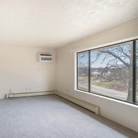 Thumbnail 8 of 13 A living room with a grey carpet and a window showing a tree at Seville Apartments, Michigan