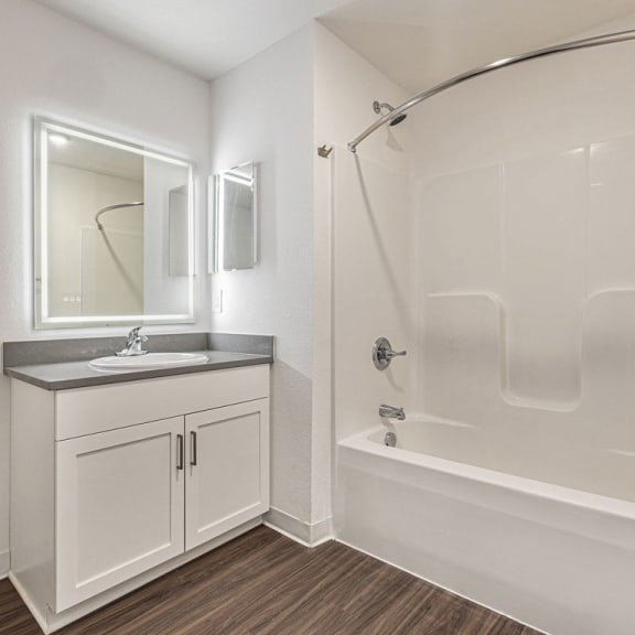 Thumbnail 14 of 22 a bathroom with a shower/bathtub and a lighted mirror  at Signature Pointe Apartment Homes, Alabama, 35611