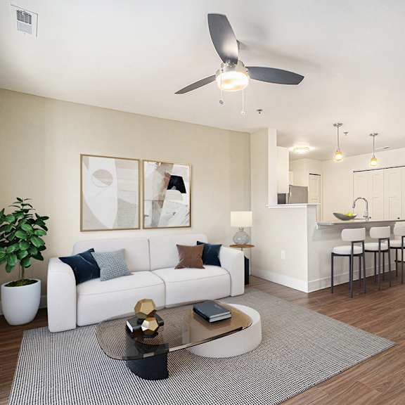 Thumbnail 6 of 14 living room with ceiling fan at Signature Pointe Apartment Homes in Athens, AL