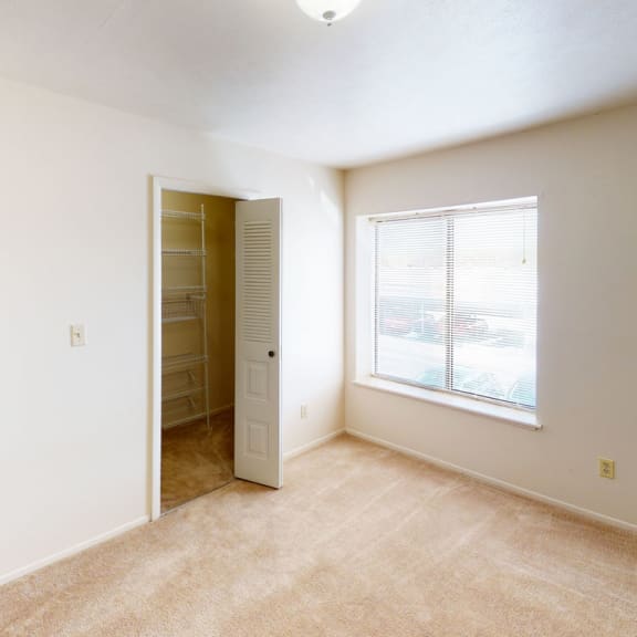 Thumbnail 11 of 11 an empty living room with a large window and a closet at South Bridge Apartments, Fort Wayne, 46816