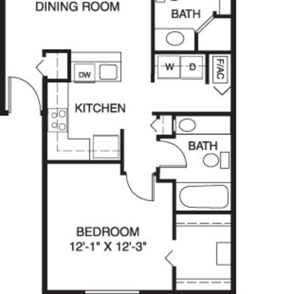 Thumbnail 2 of 8 Two bedroom two bath full size 2D floor plan at South Bridge Apartments, Fort Wayne, IN, 46816