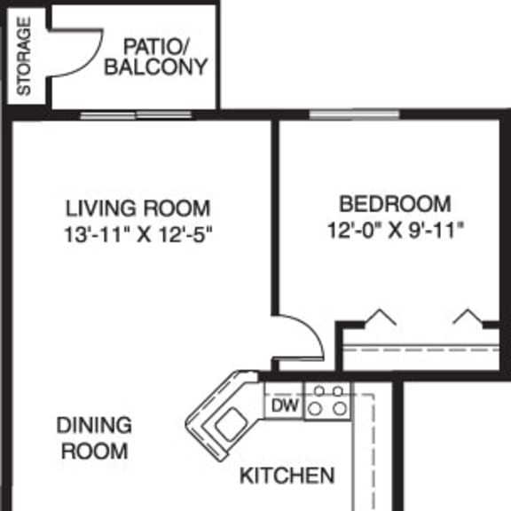Thumbnail 2 of 6 Two bedroom one bath stackable 2D floor plan at South Bridge Apartments, Fort Wayne, IN, 46816