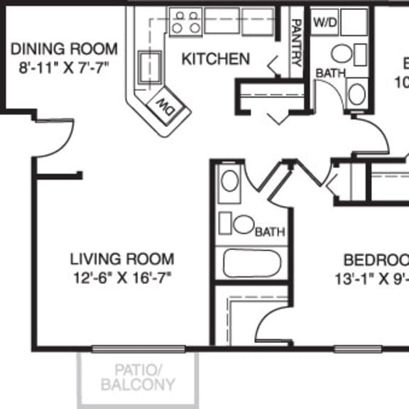 Thumbnail 2 of 6 Two bedroom one and one half bath seville 2D floor plan at South Bridge Apartments, Fort Wayne, IN, 46816