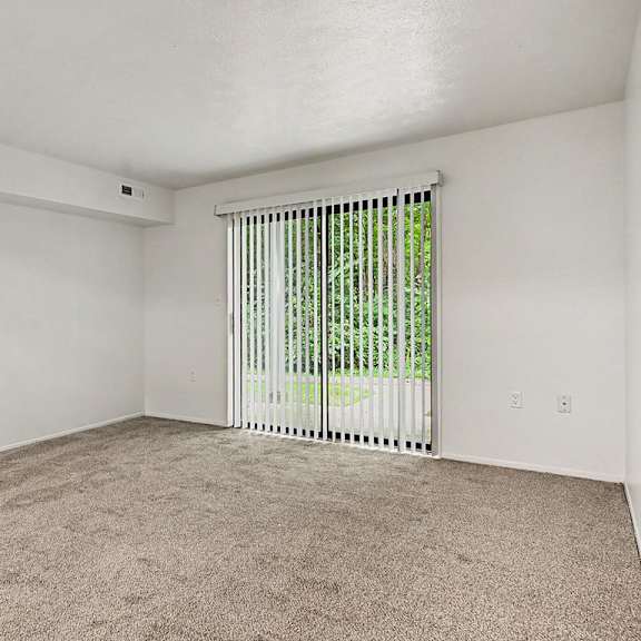 Thumbnail 4 of 24 A room with a carpeted floor and a window with blinds.
