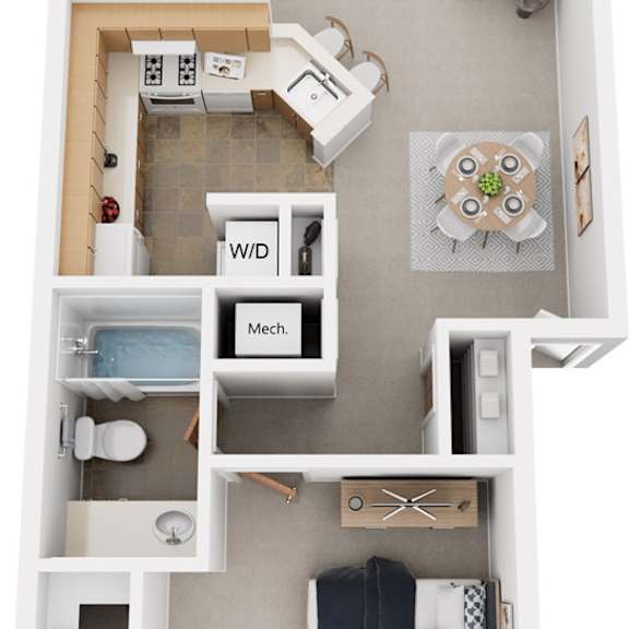 Thumbnail 1 of 11 One Bedroom Stackable 3D Floor Plan at South Bridge Apartments, Fort Wayne, IN, 46816