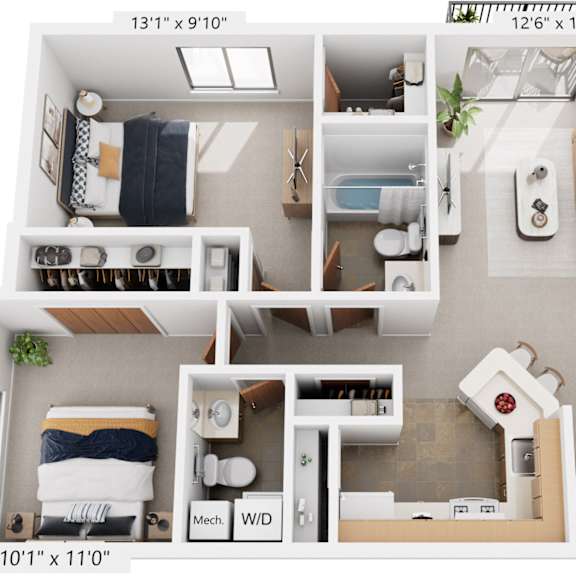 Thumbnail 1 of 6 Two Bedroom, One & One-half Bath Seville 3D Floor Plan at South Bridge Apartments, Fort Wayne, IN, 46816