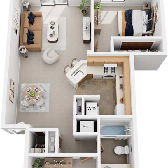 Thumbnail 1 of 6 Two Bedroom, One Bath Stackable 3D Floor Plan at South Bridge Apartments, Fort Wayne, IN