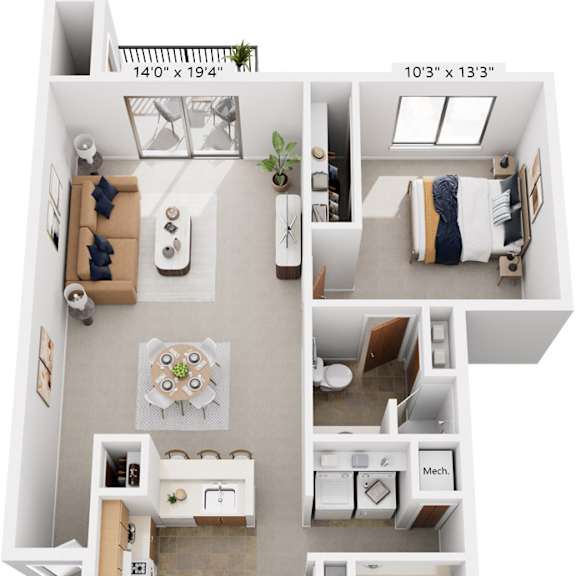 Thumbnail 1 of 8 Two Bedroom, Two Bath Full-size 3D Floor Plan at South Bridge Apartments, Fort Wayne, Indiana