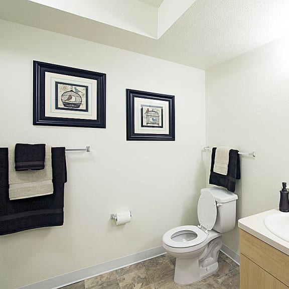 Thumbnail 7 of 10 a bathroom with a toilet and a sink and a mirror at Stoney Pointe Apartment Homes, Wichita