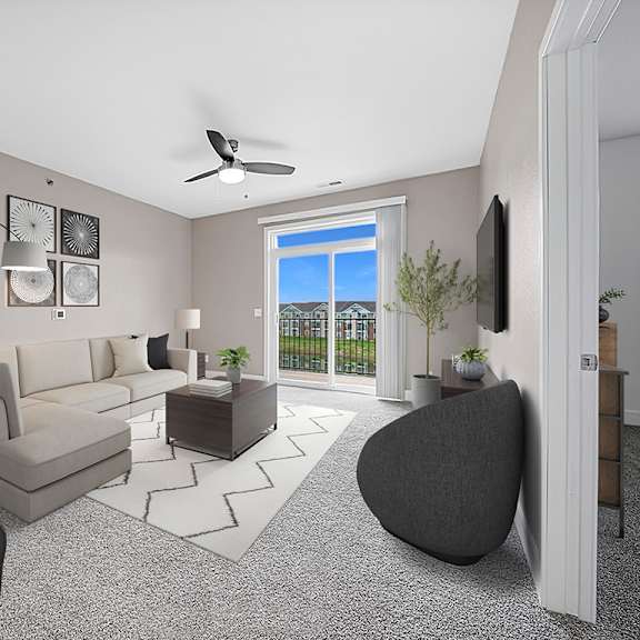 Thumbnail 3 of 13 A modern living room with a 9' ceiling and a grey sofa at Strathmore Apartment Homes, West Des Moines, Iowa