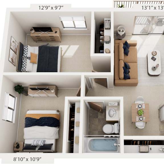 Thumbnail 1 of 10 Two Bedroom 3D Floor Plan at Swiss Valley Apartments, Wyoming, 49509