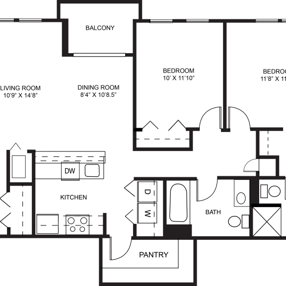 Thumbnail 2 of 10 Sycamore two bedroom 2D floor plan at Meadowbrooke Apartment Homes in Grand Rapids, MI 49512