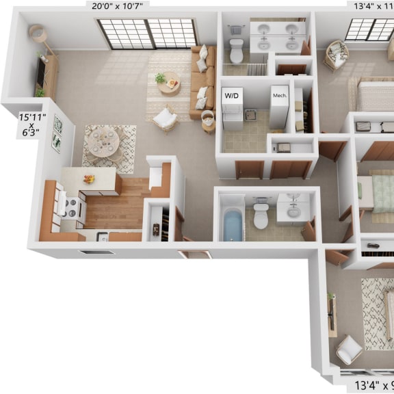 Thumbnail 1 of 6 Three Bedroom Birchwood Deluxe Floor Plan at Tanglewood Apartments, Oak Creek