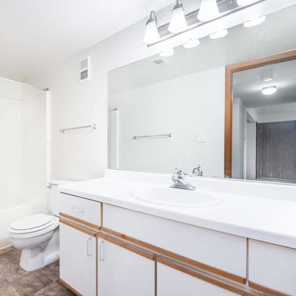 Thumbnail 17 of 20 a bathroom with a bathtub/shower and a mirror at Tanglewood Apartments, Oak Creek, WI, 53154