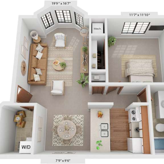 Thumbnail 1 of 19 One Bedroom Mulberry 3D Floor Plan at Tanglewood Apartments, Oak Creek, WI