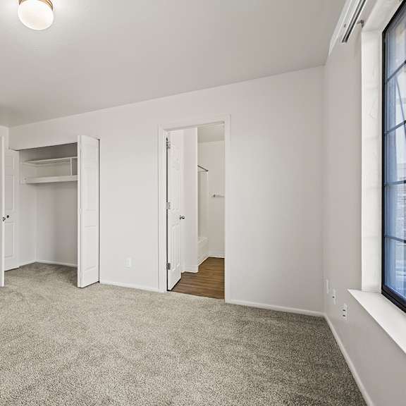 Thumbnail 14 of 19 A bedroom with a large closet and carpeted floor and white walls at Tanglewood Apartments, Oak Creek, WI