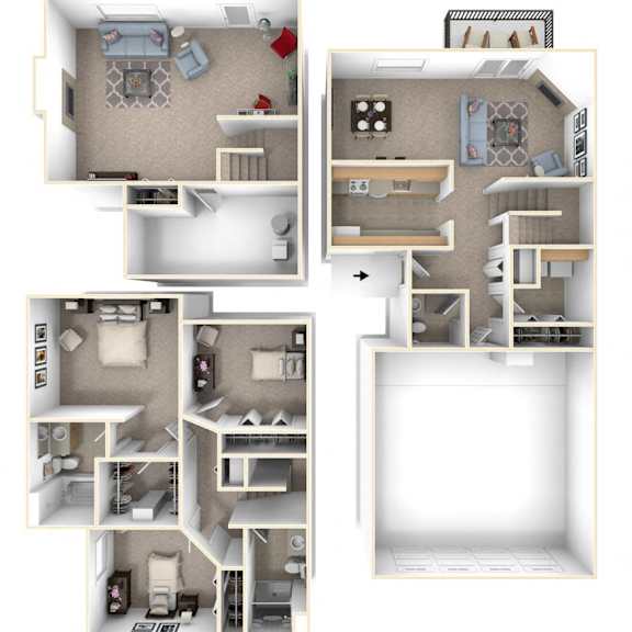 Thumbnail 1 of 14 Three-bedroom Two-Story Floorplan at Gull Prairie/Gull Run Apartments and Townhomes, Kalamazoo, MI, 49048